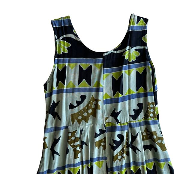 Java Lava Indonesian Rayon Flowy Earthy Beachy Blue Green Maxi Tank Dress L - Picture 3 of 10